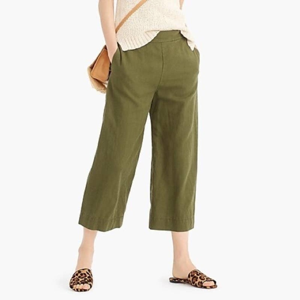 Point Sur J. Crew Green Linen Blent Crop Wide Leg Culotte Pants Women's Size 4
